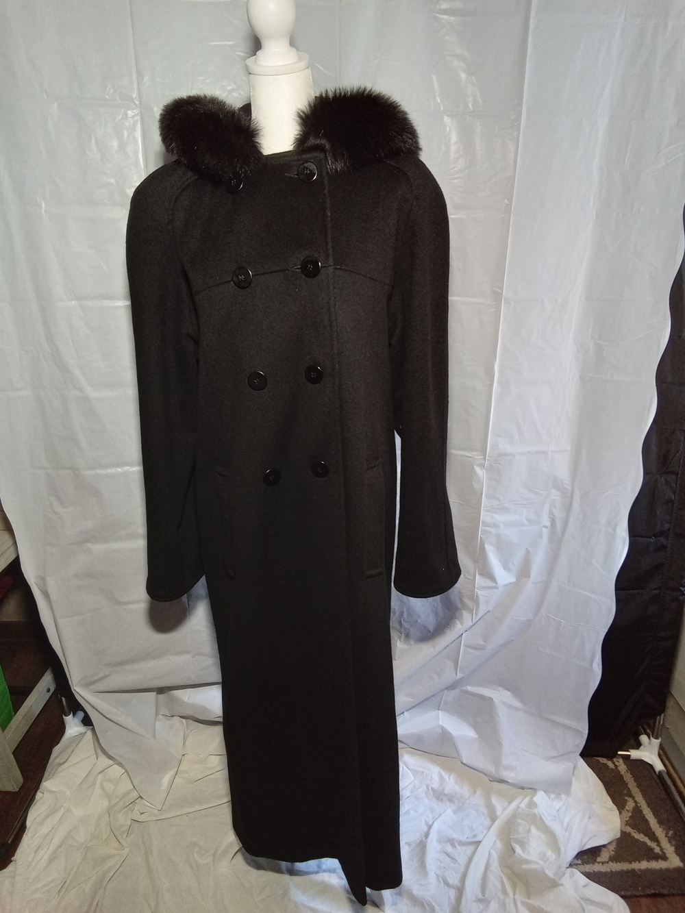 Albert Nipon Black Long Double-Breasted Trench with Fur Collar